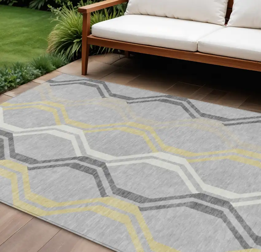 Silver Beige And Charcoal Geometric Washable Indoor Outdoor Area Rug Photo 1