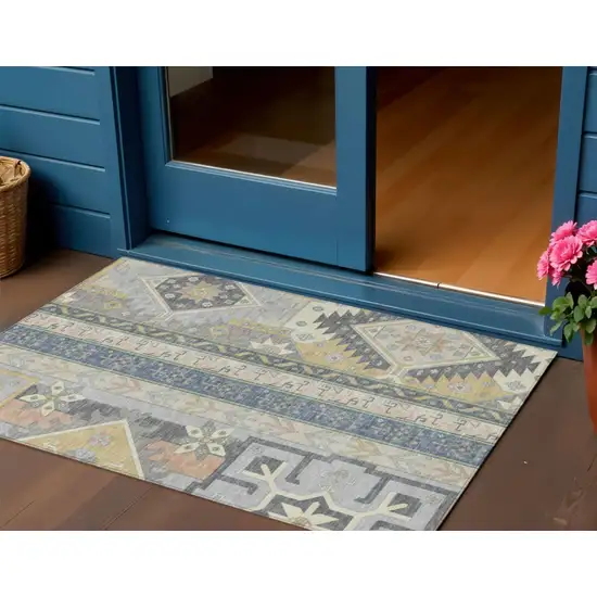 Silver Beige And Gold Aztec Washable Indoor Outdoor Area Rug Photo 1