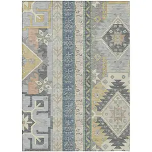 Photo of Silver Beige And Gold Aztec Washable Indoor Outdoor Area Rug