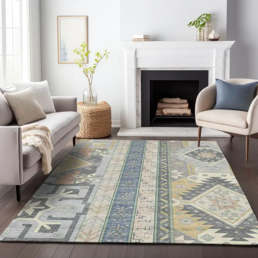 Silver Beige And Gold Aztec Washable Indoor Outdoor Area Rug Photo 9