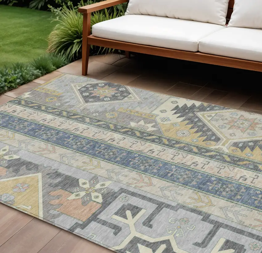 Silver Beige And Gold Aztec Washable Indoor Outdoor Area Rug Photo 1