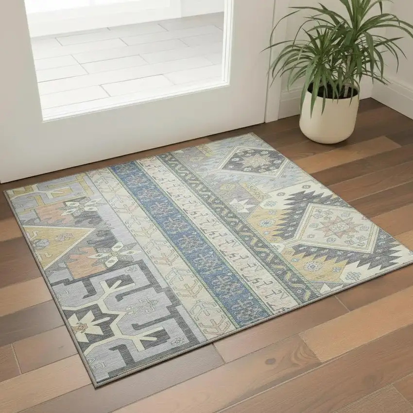 Silver Beige And Gold Southwestern Washable Area Rug With UV Protection Photo 2