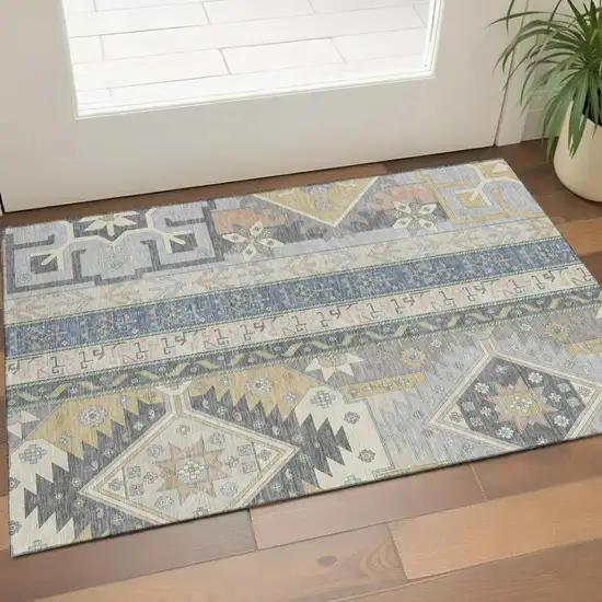 Silver Beige And Gold Southwestern Washable Area Rug With UV Protection Photo 1
