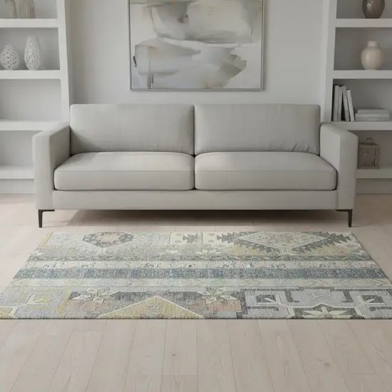 Silver Beige And Gold Southwestern Washable Area Rug With UV Protection Photo 2