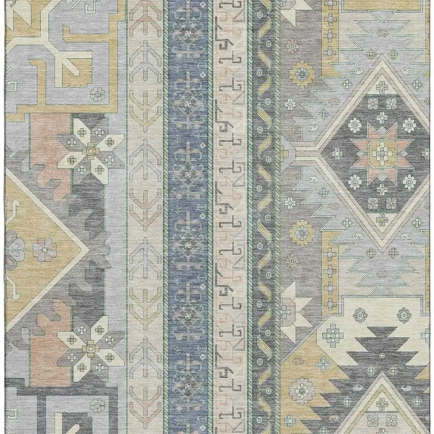 Silver Beige And Gold Southwestern Washable Area Rug With UV Protection Photo 2