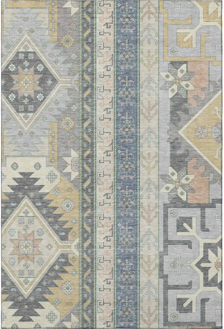 Silver Beige And Gold Southwestern Washable Area Rug With UV Protection Photo 3