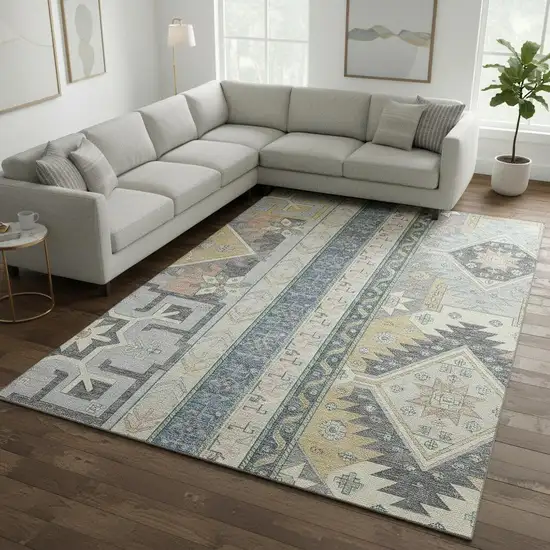Silver Beige And Gold Southwestern Washable Area Rug With UV Protection Photo 2