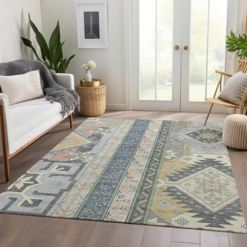 Silver Beige And Gold Southwestern Washable Area Rug With UV Protection Photo 5