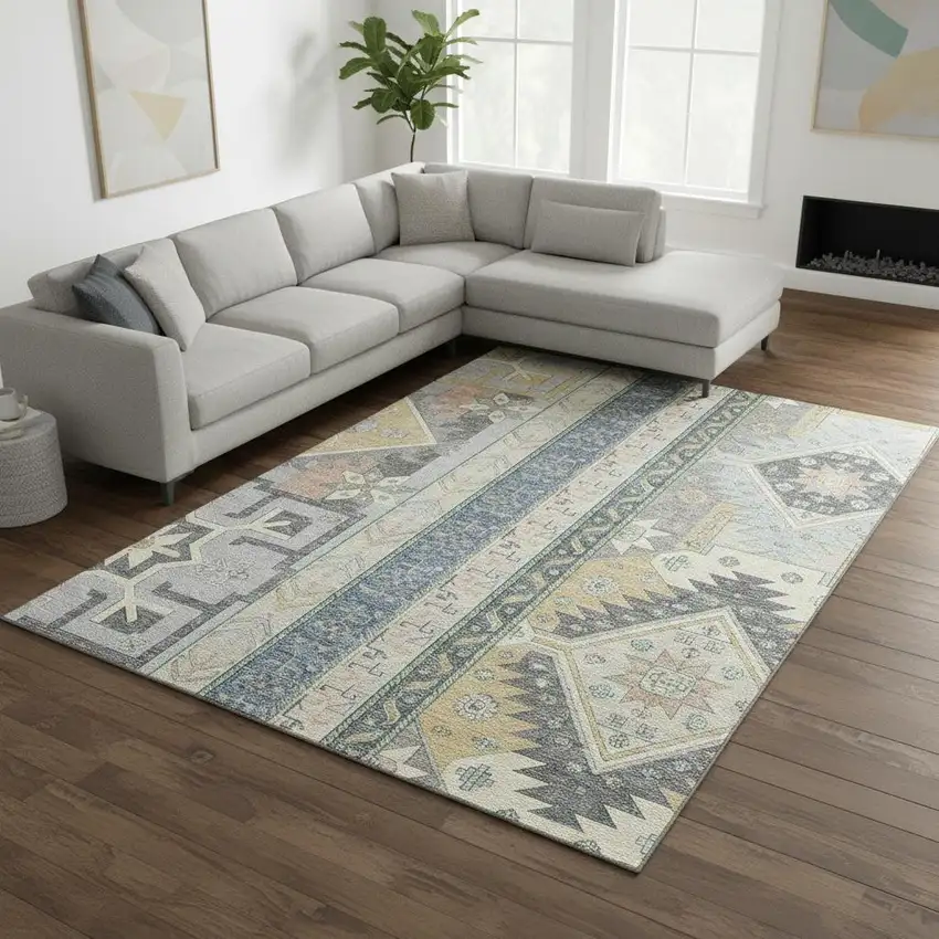 Silver Beige And Gold Southwestern Washable Area Rug With UV Protection Photo 2