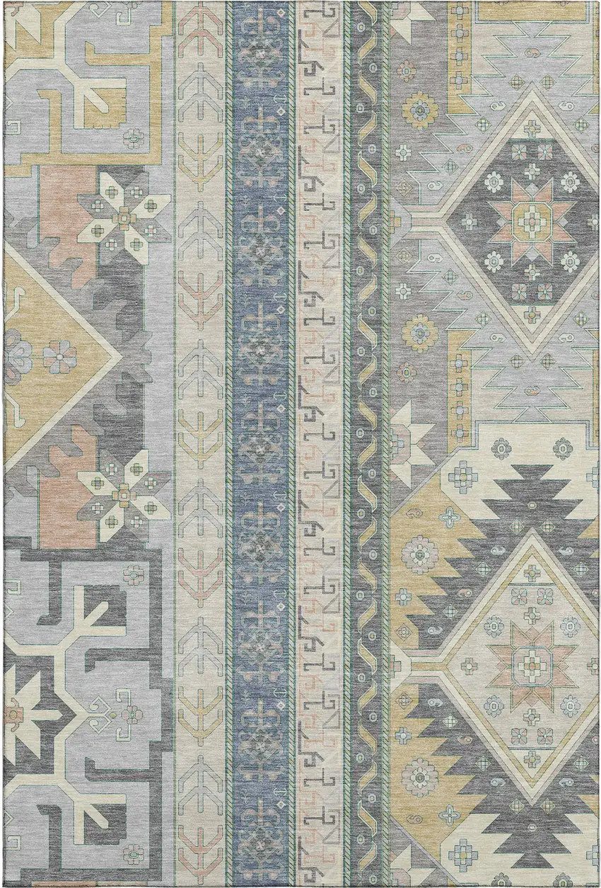 Silver Beige And Gold Southwestern Washable Area Rug With UV Protection Photo 1