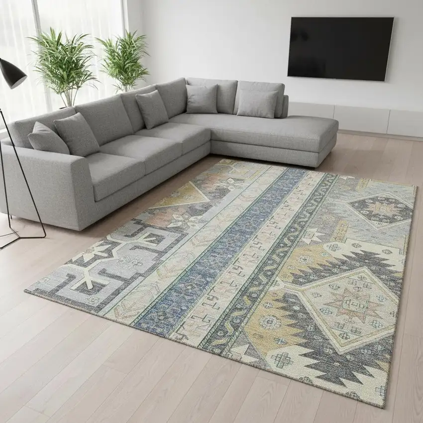 Silver Beige And Gold Southwestern Washable Area Rug With UV Protection Photo 2