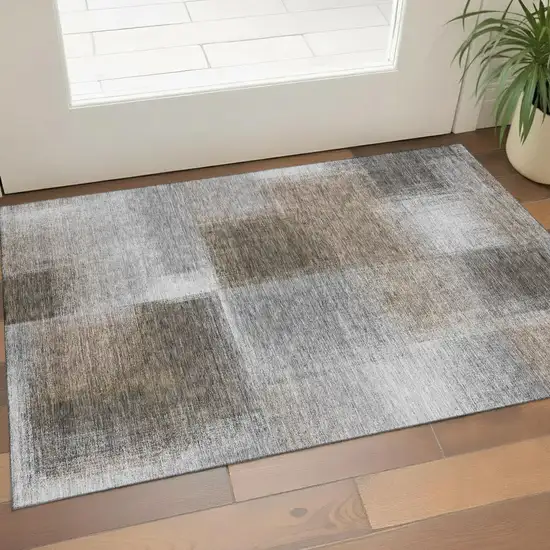 Silver Beige And Gray Abstract Washable Area Rug With UV Protection Photo 1