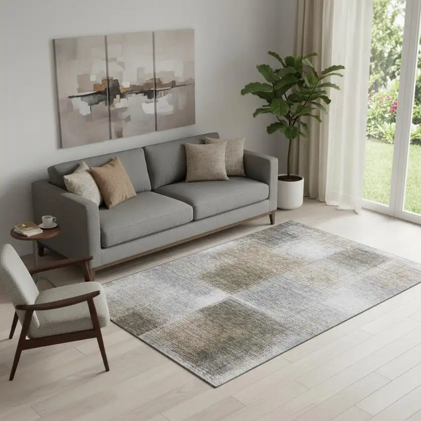 Silver Beige And Gray Abstract Washable Area Rug With UV Protection Photo 1