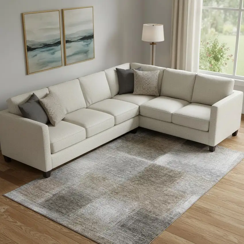 Silver Beige And Gray Abstract Washable Area Rug With UV Protection Photo 1