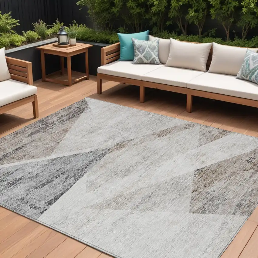 Silver Beige And Gray Abstract Washable Indoor Outdoor Area Rug Photo 1
