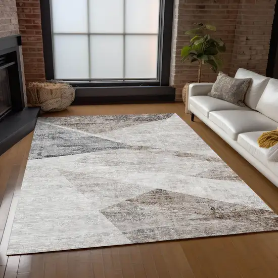 Silver Beige And Gray Abstract Washable Indoor Outdoor Area Rug Photo 9