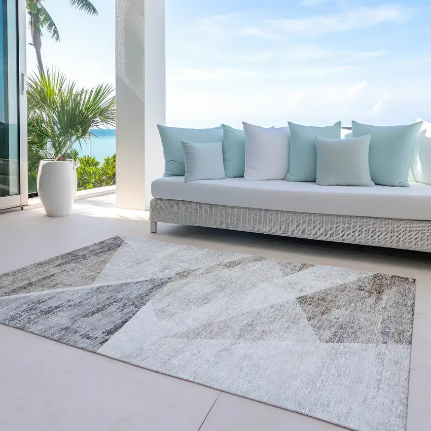 Silver Beige And Gray Abstract Washable Indoor Outdoor Area Rug Photo 8