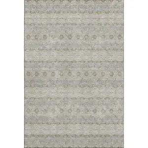 Photo of Silver Beige And Ivory Floral Medallion Washable Area Rug With UV Protection