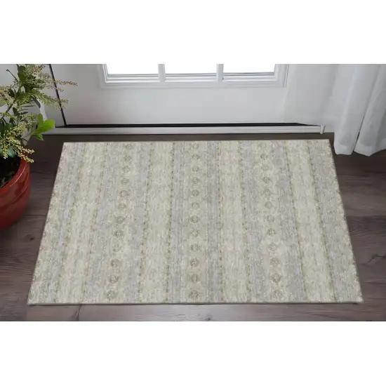 Silver Beige And Ivory Floral Medallion Washable Area Rug With UV Protection Photo 2