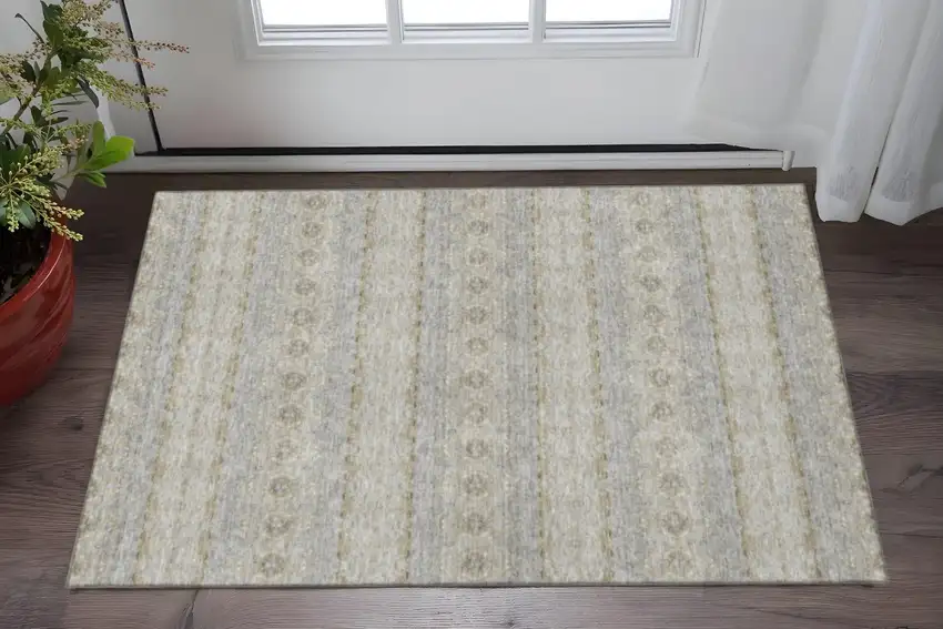 Silver Beige And Ivory Floral Medallion Washable Area Rug With UV Protection Photo 2
