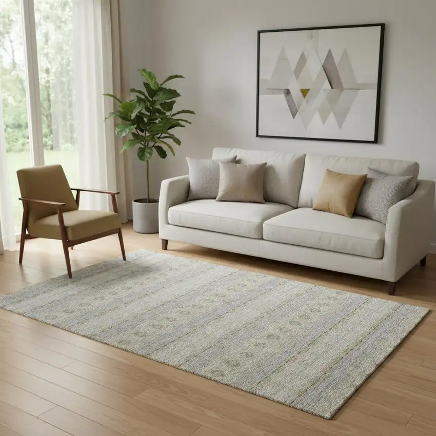 Silver Beige And Ivory Floral Medallion Washable Area Rug With UV Protection Photo 1