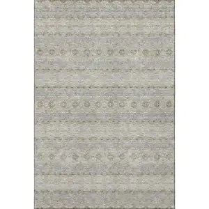 Photo of Silver Beige And Ivory Floral Medallion Washable Area Rug With UV Protection
