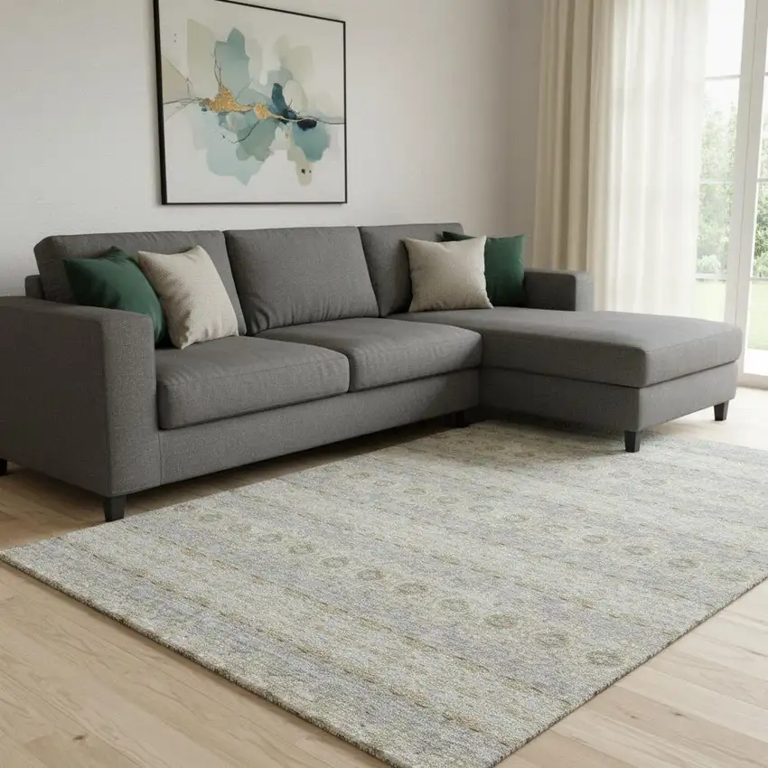 Silver Beige And Ivory Floral Medallion Washable Area Rug With UV Protection Photo 1