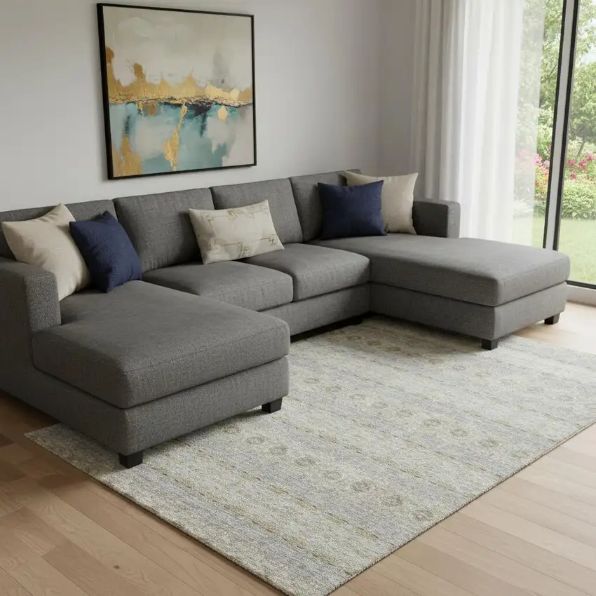 Silver Beige And Ivory Floral Medallion Washable Area Rug With UV Protection Photo 1