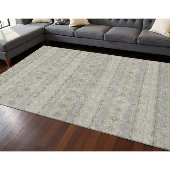 Silver Beige And Ivory Floral Medallion Washable Area Rug With UV Protection Photo 2