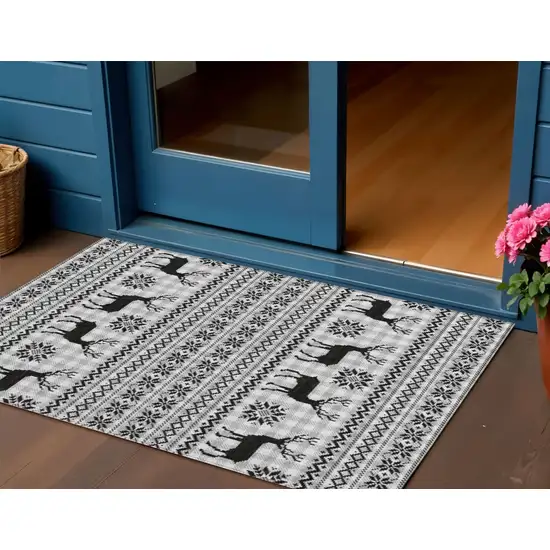 Silver Black And Ivory Deer Washable Indoor Outdoor Area Rug Photo 1