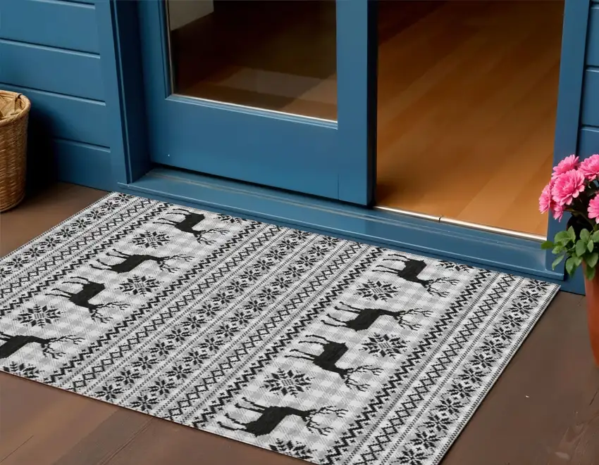 Silver Black And Ivory Deer Washable Indoor Outdoor Area Rug Photo 1