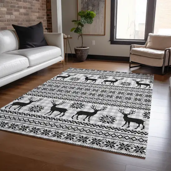 Silver Black And Ivory Deer Washable Indoor Outdoor Area Rug Photo 6