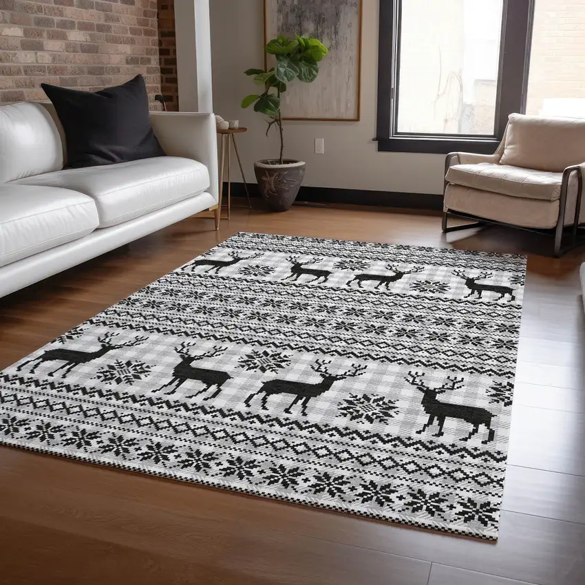 Silver Black And Ivory Deer Washable Indoor Outdoor Area Rug Photo 6