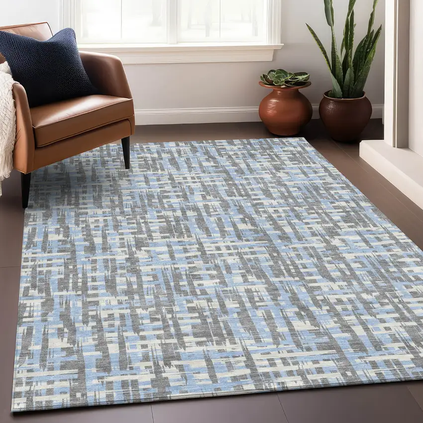 Silver Blue And Beige Abstract Washable Indoor Outdoor Area Rug Photo 7
