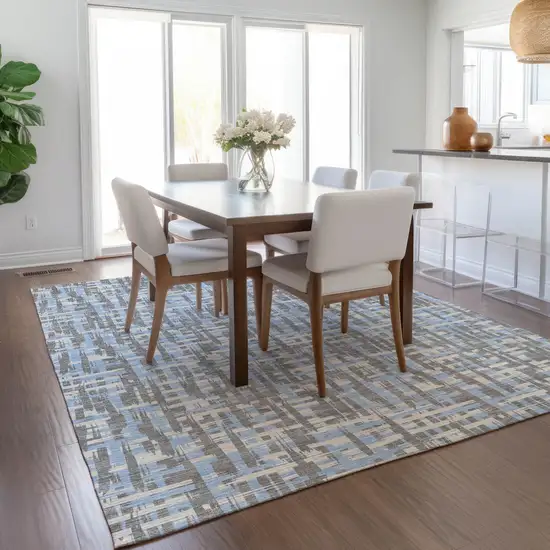 Silver Blue And Beige Abstract Washable Indoor Outdoor Area Rug Photo 8