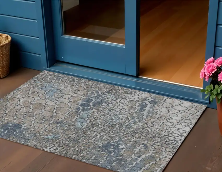 Silver Blue And Brown Abstract Washable Indoor Outdoor Area Rug Photo 1