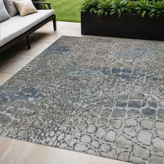 Silver Blue And Brown Abstract Washable Indoor Outdoor Area Rug Photo 1