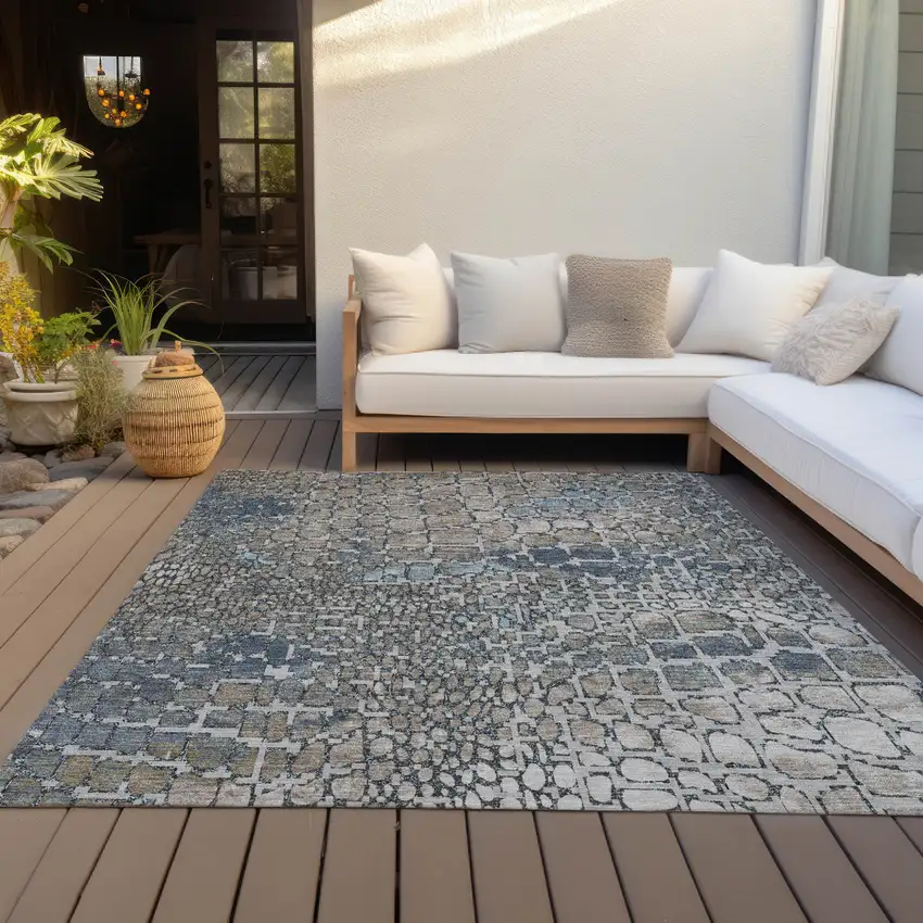 Silver Blue And Brown Abstract Washable Indoor Outdoor Area Rug Photo 8
