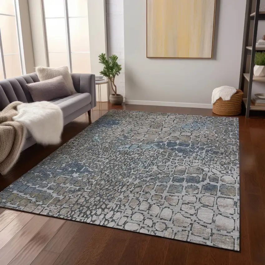 Silver Blue And Brown Abstract Washable Indoor Outdoor Area Rug Photo 9