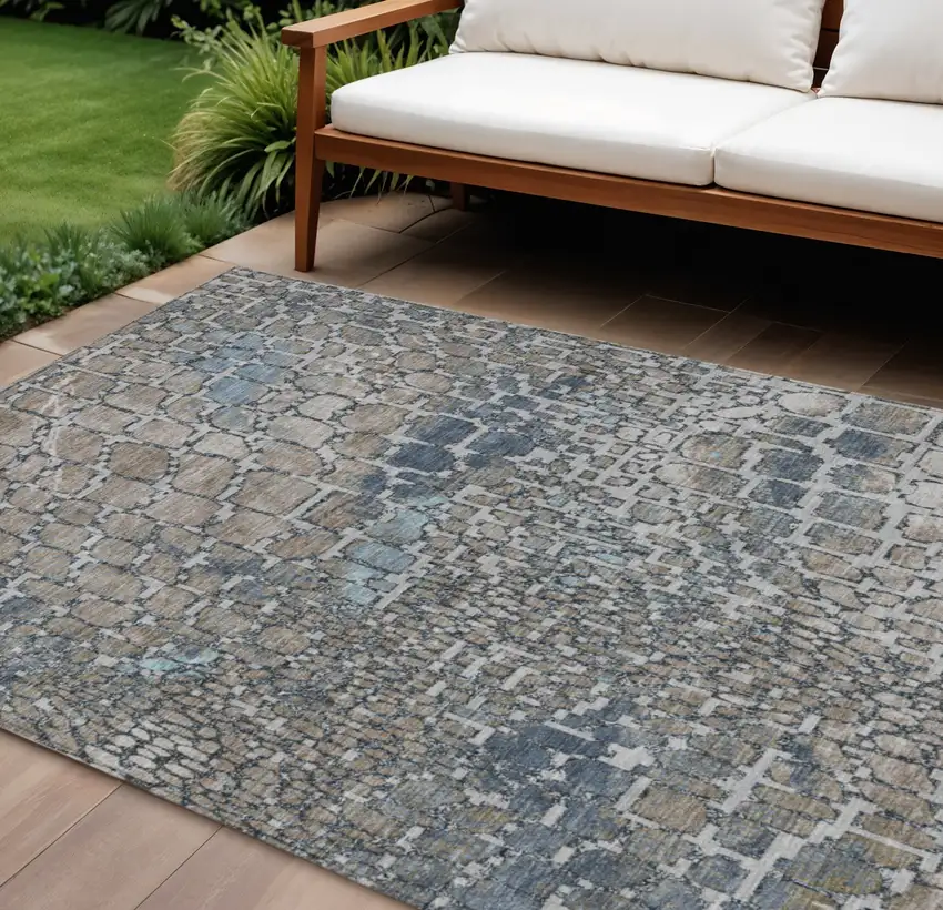 Silver Blue And Brown Abstract Washable Indoor Outdoor Area Rug Photo 1