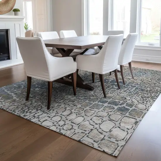 Silver Blue And Brown Abstract Washable Indoor Outdoor Area Rug Photo 9