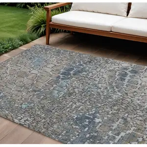Photo of Silver Blue And Brown Abstract Washable Indoor Outdoor Area Rug