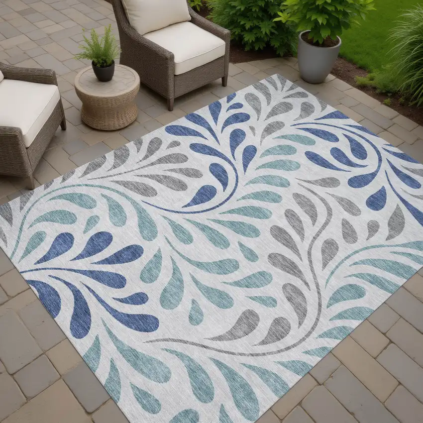 Silver Blue And Gray Botanical Leaves Washable Indoor Outdoor Area Rug Photo 5