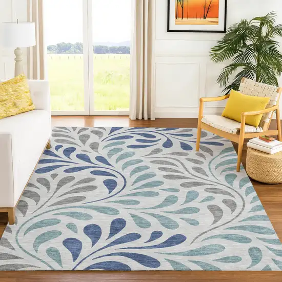 Silver Blue And Gray Botanical Leaves Washable Indoor Outdoor Area Rug Photo 3