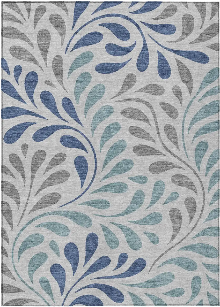 Silver Blue And Gray Botanical Leaves Washable Indoor Outdoor Area Rug Photo 7