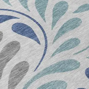 Photo of Silver Blue And Gray Botanical Leaves Washable Indoor Outdoor Area Rug