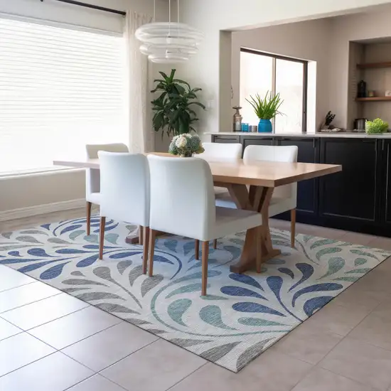 Silver Blue And Gray Botanical Leaves Washable Indoor Outdoor Area Rug Photo 4