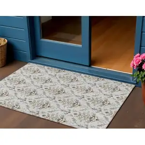 Photo of Silver Blue And Gray Damask Washable Indoor Outdoor Area Rug