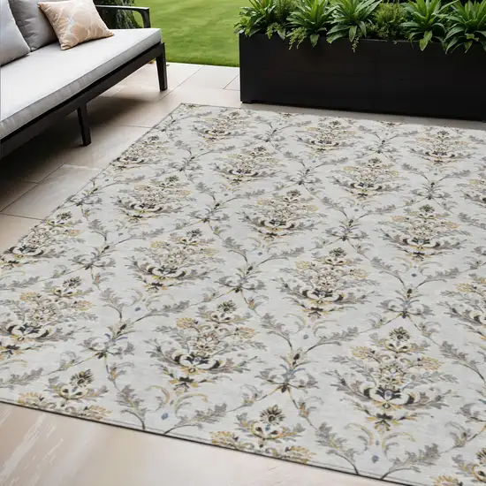 Silver Blue And Gray Damask Washable Indoor Outdoor Area Rug Photo 1