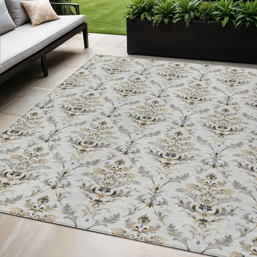 Silver Blue And Gray Damask Washable Indoor Outdoor Area Rug Photo 1